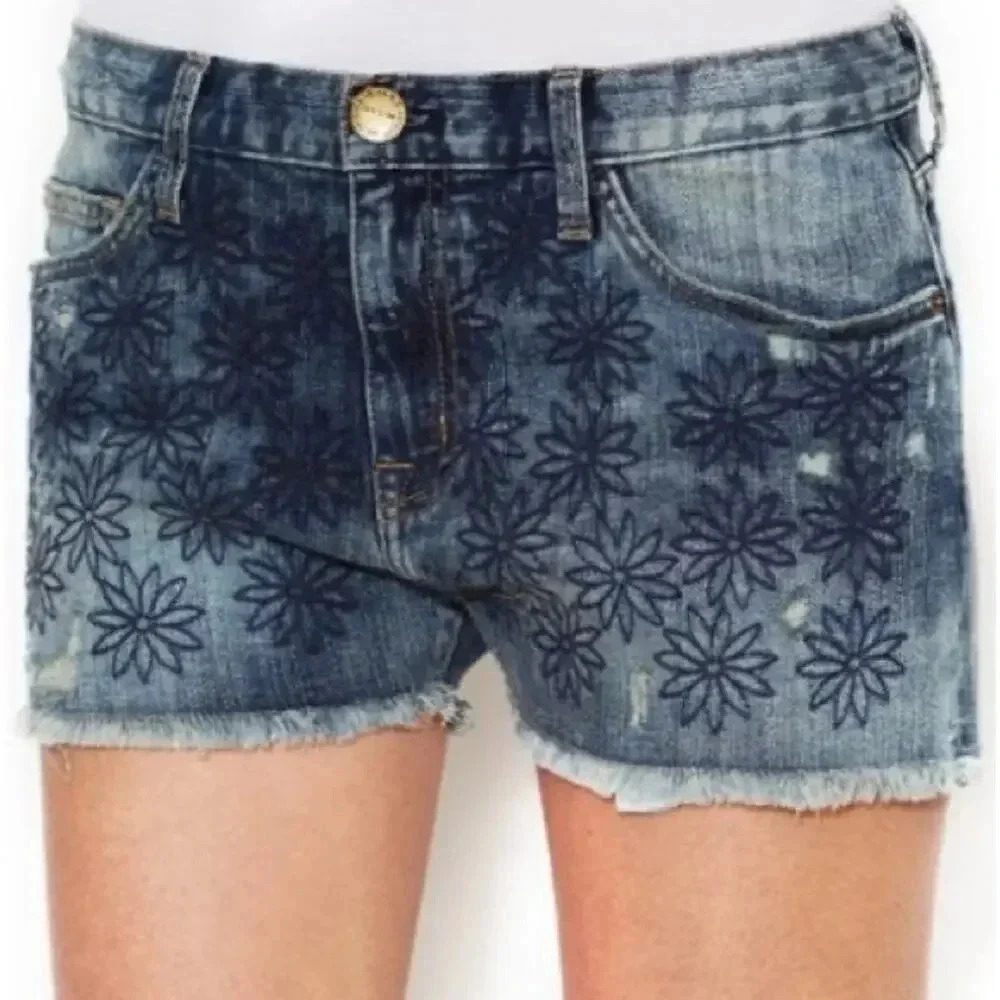 Current/Elliot Embroidered Floral Mid Rise Cut Off Denim Shorts Blue Size 26/0